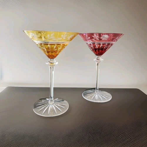 Set Of 2 AJKA Large Crystal Martini Glasses Pink And Yellow Floral *READ *