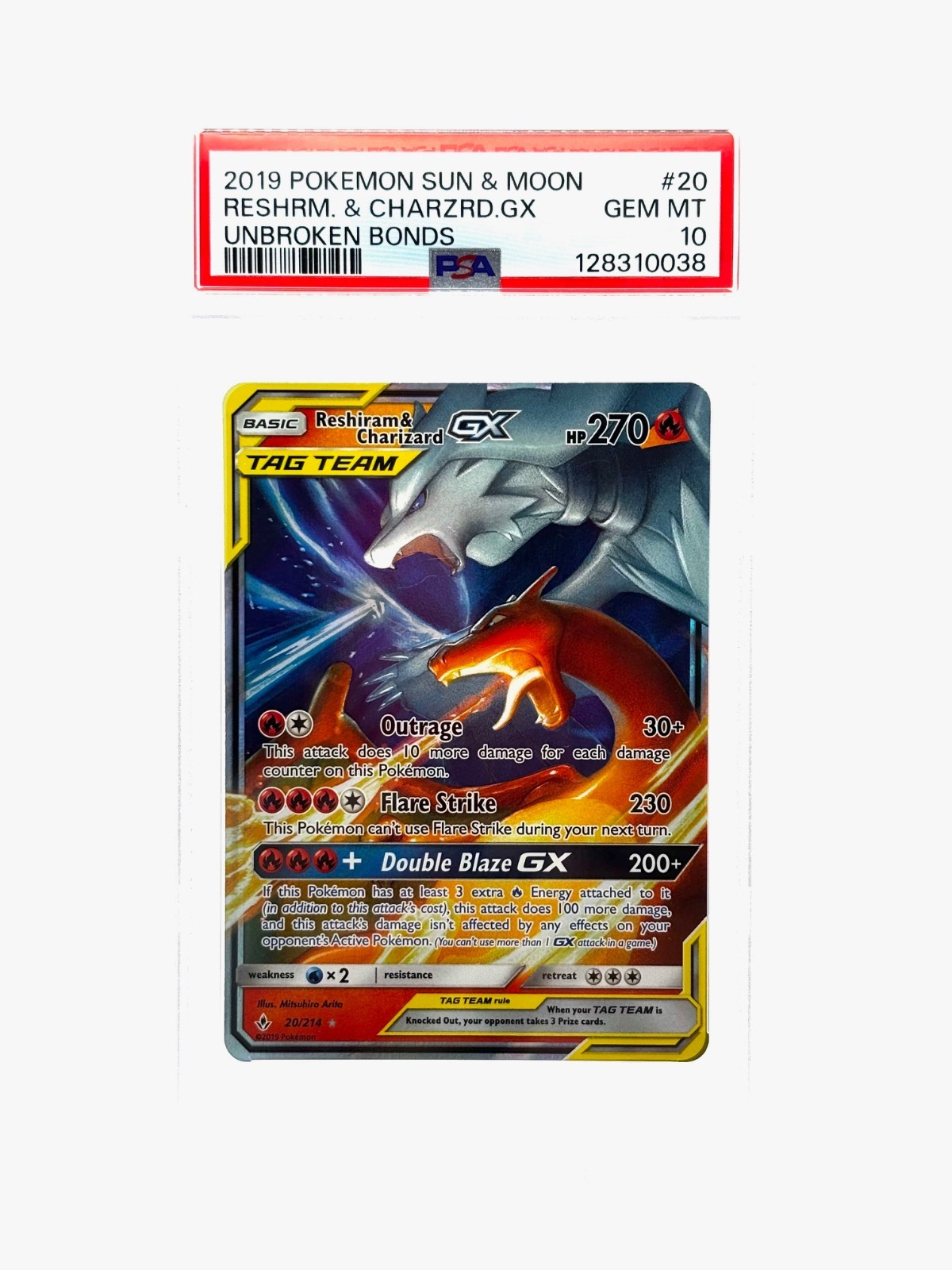 RESHIRAM AND CHARIZARD PSA 10 UNBROKEN BONDS GX TAG TEAM #20