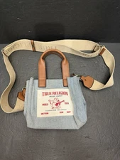 True Religion Bag Womens Blue Denim Mini Tote Crossbody Strap Logo Patch Snap