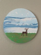 Sky Field Deer Landscape Acrylic Painting 12”