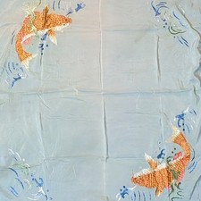 Vintage Japanese Hand Embroidered Koi Fish Silk Shawl Blue Statement Piece