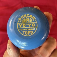 Vintage 1950s Duncan Super Wood Yo-Yo Solid Sky Blue Deep Gold Hot Stamp  