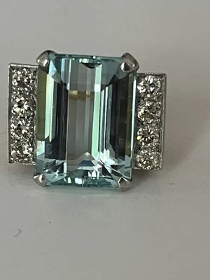 6778- Bague Or Jaune et Gris Aigue-Marine Diamants Années 1940 - Photo 1/4