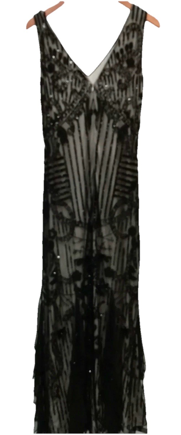 Gina Bacconi Sequin Beaded Mesh V Neck Longline Evening Black Range Tie Dress image 3