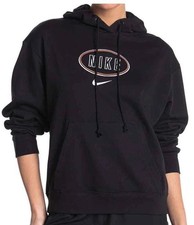 NIKE Women's 55 Varsity Knit Logo Pullover Hoodie Sweatshirt Black CZ8312-010