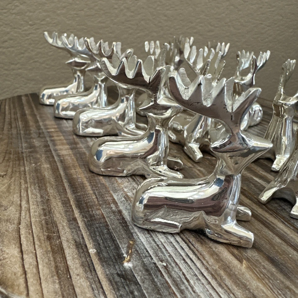 Vintage Silver Sitting Reindeer Place Card Holders Made In India Heavy Set Of 12 - Image 2 of 4