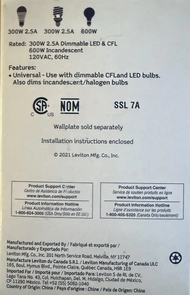 Leviton TSL06 LED/CFL 调光开关单极/3 路 300W/600W 象牙色 — 第 3/3 张图片