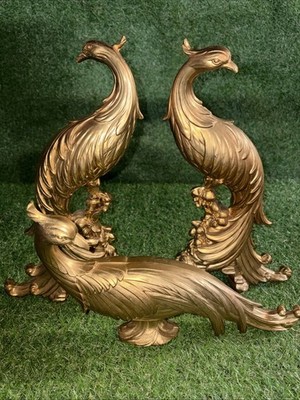 VTG Syroco Gilt Gold Peacock Bird Figurines (3) Home Decor Hollywood Regency MCM