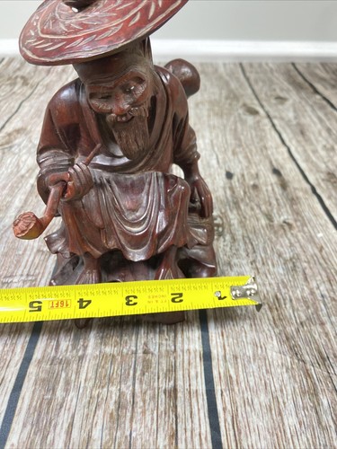 Vintage Chinese Rosewood Statue Man Wood Carving Figurine Inlay eye & Teeth 7” - Picture 16 of 19