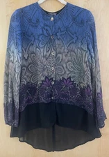 Citron Santa Monica Top Shirt Blue Purple Ombre Lace Print Dual Layer Sheer M