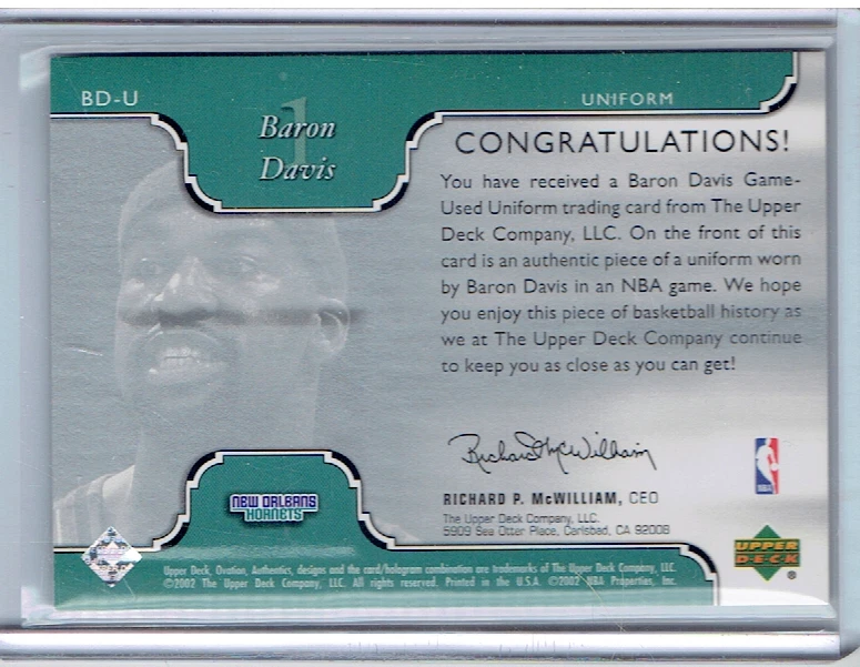 BARON DAVIS 2002-03 Upper Deck OVATION AUTHENTICS PATCH #BD-U Hornets - Image 2 of 2