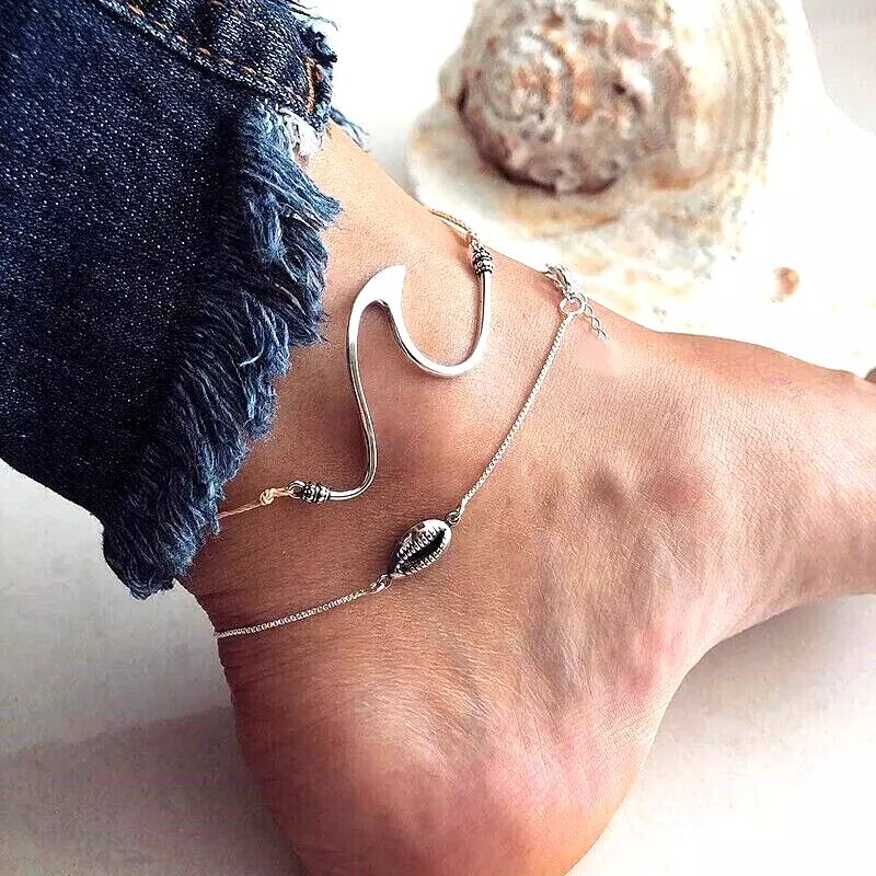 Shell Wave Ocean Ankle Bracelet Beech Silver Tone Chain and Cord Anklet 2 Pcs
