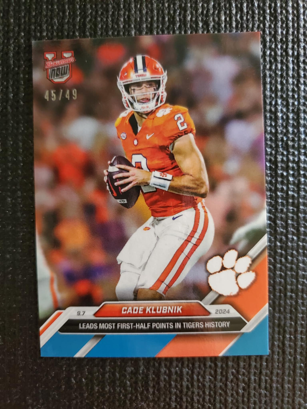 Cade Klubnik Clemson Record 7 TDs 2024 Bowman U Now Card 12 Blue Parallel 45/49