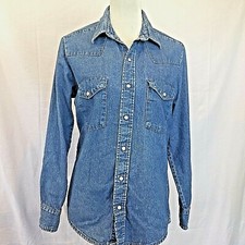 Vtg 1980s Fitted Western Denim Shirt Pearl Snaps SZ M Rockabilly By DAKOTA