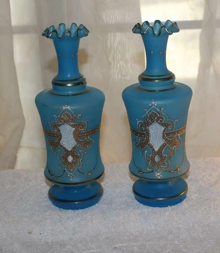 Pair Antique Victorian Blue Satin Glass Hand Painted 8" Vases