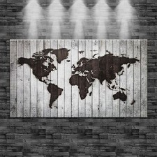 XXL Weltkarte eingebrannt auf weißes Holz (Optik) auf Leinwand 160cm x 90cm