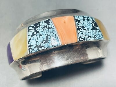 6.5 INCH WRIST VINTAGE NAVAJO SPIDERWEB TURQUOISE INLAY STERLING SILVER BRACELET