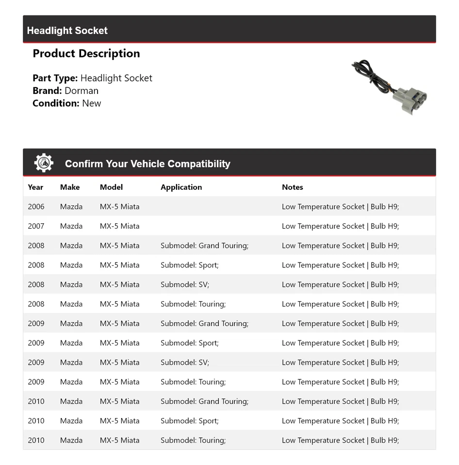 Гнездо для фары для Mazda MX-5 Miata Dorman 2006-2010 годов выпуска 2007 2008 2009 годов выпуска - Изображение 2 из 4