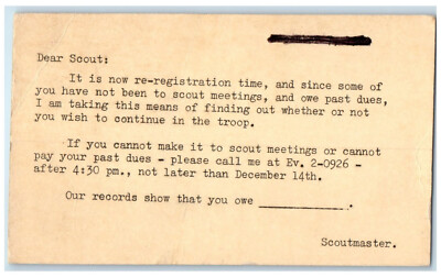 c1940's Re-registration Time Scoutmaster Unposted Vintage Postal Card