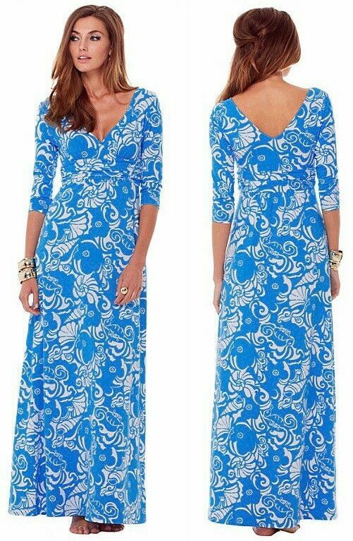 Lilly Pulitzer Gloria Ariel Blue Tide Pools Faux Wrap Jersey Maxi