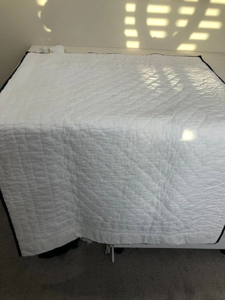 Pottery Barn Kids HandStitched Crib Quilt 28X52 & Dust Ruffle White Navy Ribbon - Image 3 of 4