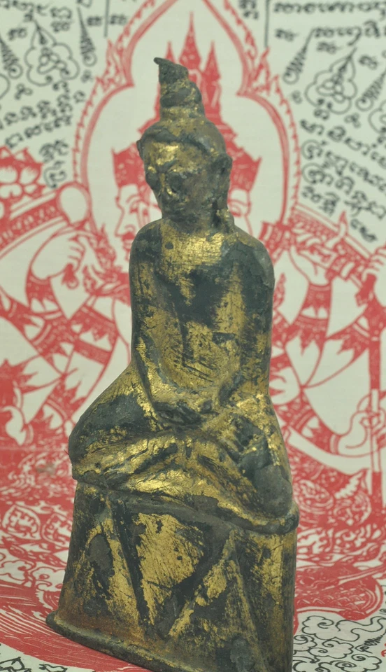 Antique Phra Ngang Ngan King Emperor Thai Gilt Gold Bronze Buddha Figure Statue - Image 3 of 4