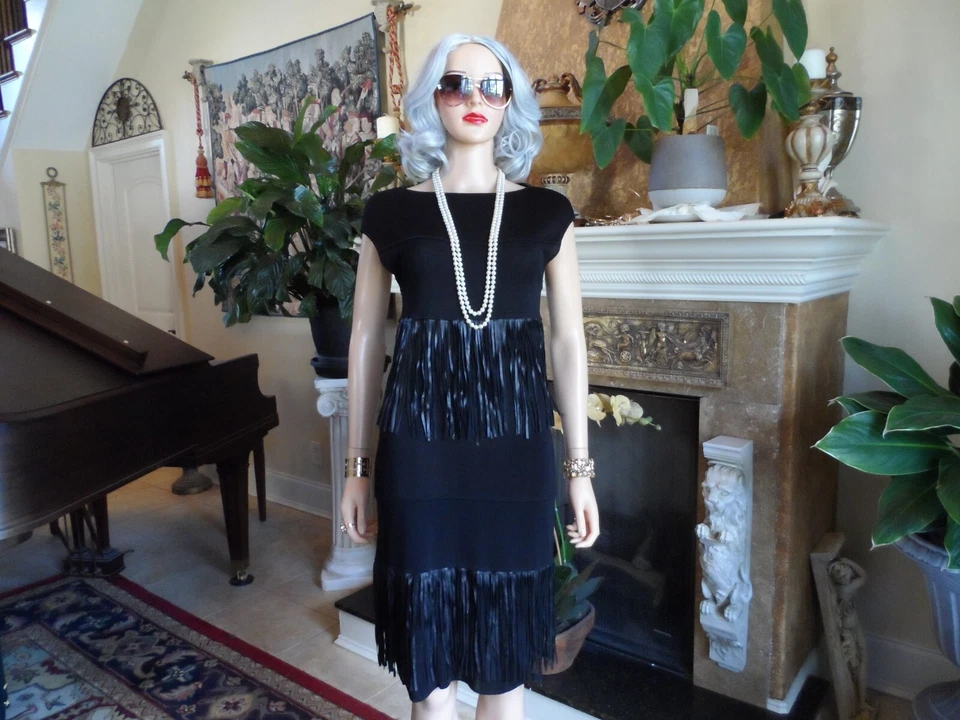 Giambattista Valli Black Knit Sheath Dress w/Leather Fringe Accents Size S - Image 2 of 4