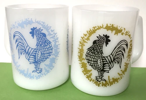 RARE Lot 2 Federal Milk Glass Rooster 8 oz Mug Cup HTF Farmhouse Mid Century