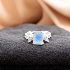 925 Sterling Silver 8x6 mm Baguette Shape Natural Rainbow Moonstone Cluster Ring
