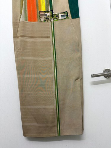 Akris Farm Flower Field Print Silk Dress Sheath Colorblock Stripe Tan Green 10 - Picture 8 of 18