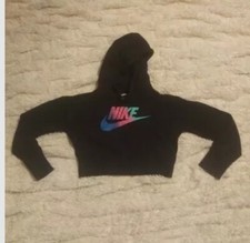 Nike Cropped Hoodie Womens Med Pullover Sweatshirt Black L. Sleeve w/Logo Front