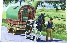 Romany Gypsy Horse & Caravan Tea Towel - Bow Top Gypsy Caravan Tea Towel - N6-TT