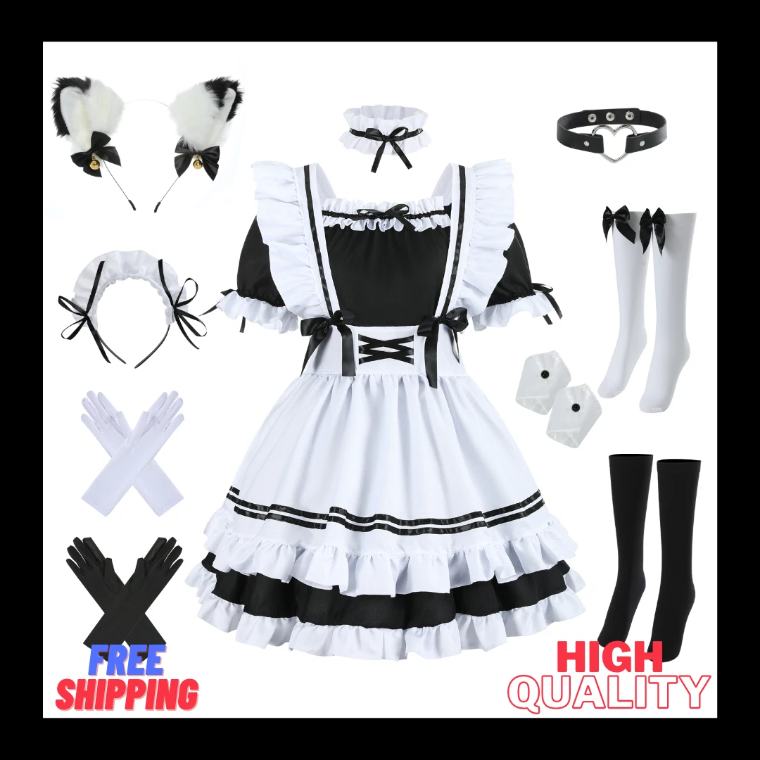 Anime French Maid Apron Lolita Dress Cosplay Costume Furry Cat Ear Gloves  Set | eBay