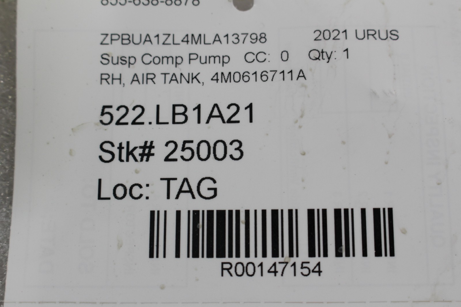 Lamborghini Urus, RH, Right, Suspension Air Tank, Used, P/N 4M0616204F