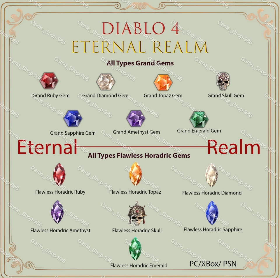 Diablo 4 Eternal Realm All Type Grand Gem / Flawless Horadric Gems D4 - Image 1 of 1