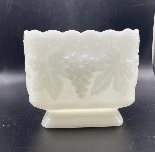 Vintage Anchor Hocking White Milk Glass Square Pedestal Dish Planter Grapes