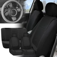 Car Seat Covers for Auto Black Black Full Set w/Gray Leather Steering Cover