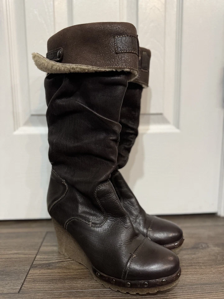 Botas de cuña Manas Italia piel de oveja 38 cuero marrón estilo zueco plegable Foto 2 de 4