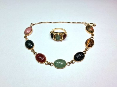 14K massives Gelbgold geschnitzter Multi Edelstein SCARAB ägyptischer Käfer Armband 7''
