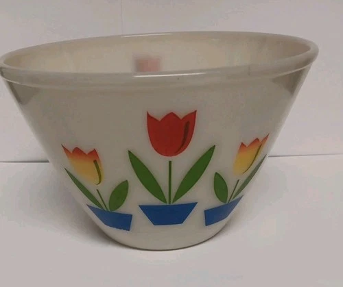 Vintage Kitchen Fire King Tulip Mixing Bowl 8.5" Diameter 5 1/4" Red Blue Green
