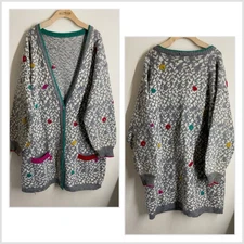 Adrienne Vittadini Vintage Oversized Cardigan Sweater Colorful Knit Longline