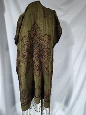 Head wrap scarf green brown gold Pashmina silk blend wrap cover tassels FLAWS