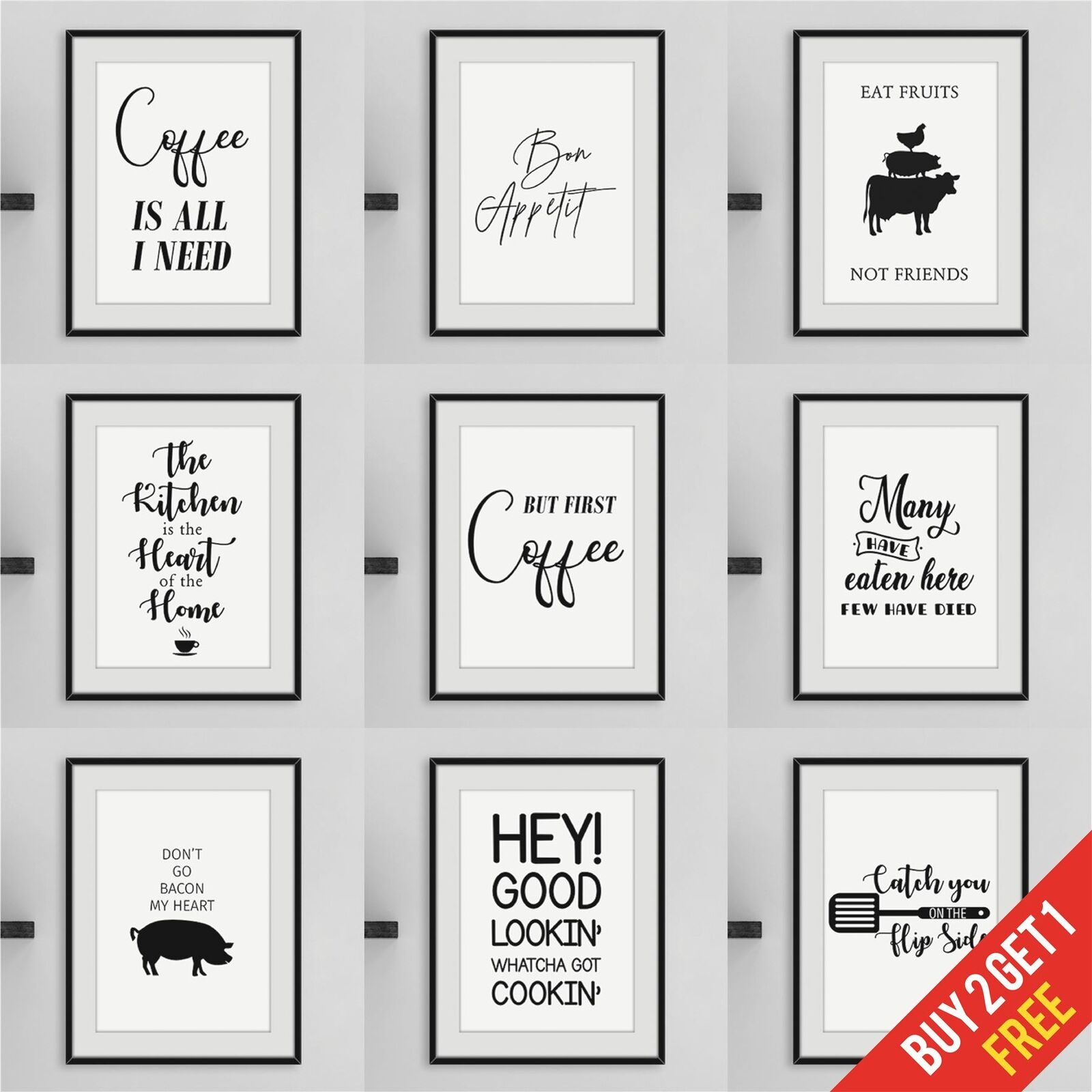 Set of 4 Funny Kitchen Sayings Prints PRINTABLE ART Black 