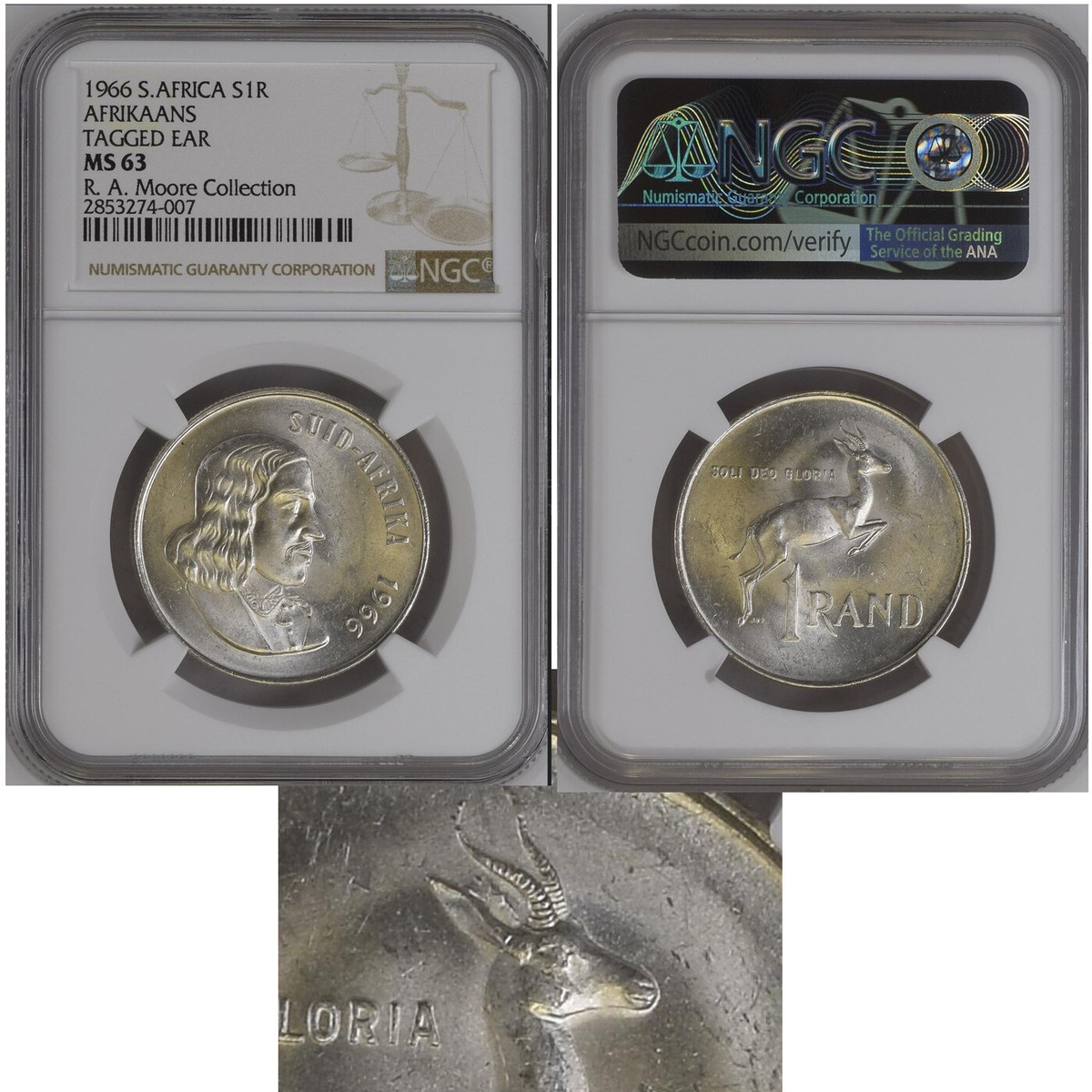 TAGGED EAR 1966 SILVER 1 rand MS 63 ngc south africa AFRIKAANS R1