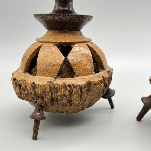 VTG Set HAND-CARVED TURNED-WOOD Brazil Nut Pod CANDLE HOLDERS Folk Art LATIN AM - Picture 13 of 23