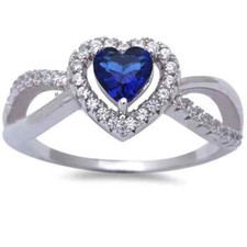 Blue Saphire  CZ heart .925 Sterling silver ring size 6
