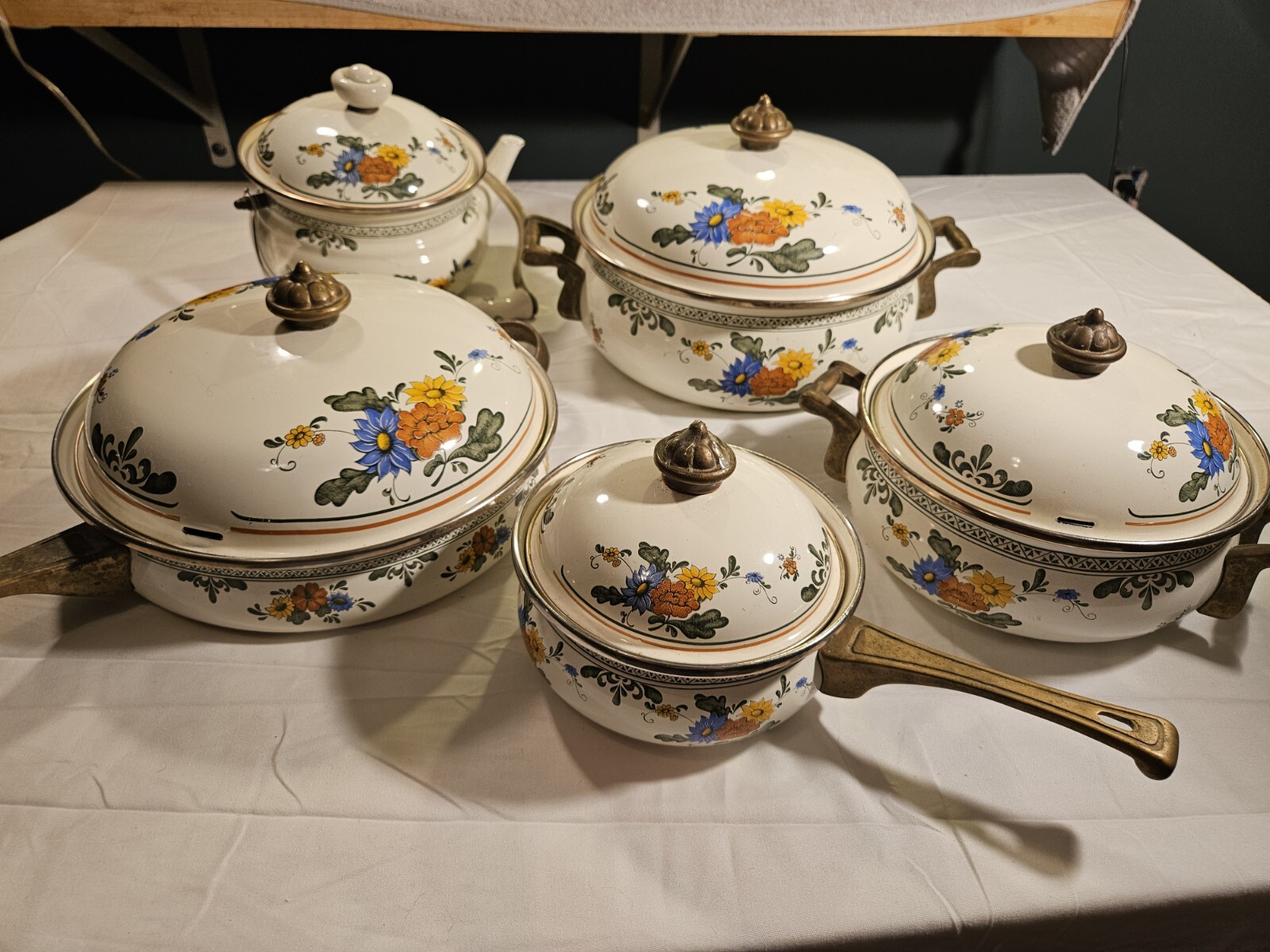 Vintage ASTA German Floral Enamelware Cookware Set With Brass Handles
