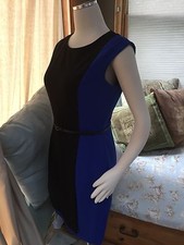 Calvin Klein Black Royal Blue Color Block Sheath Dress Belted Waist 6 Excellent