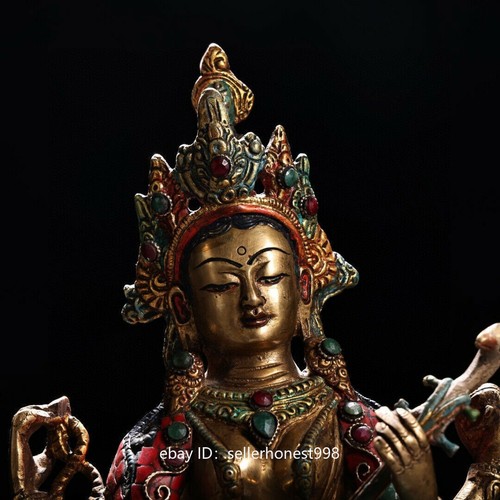 Tibet Copper Inlay Turquoise Coral Gem sarasvati Yangchenma Kwan-Yin Statue - Picture 2 of 9
