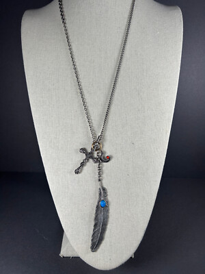 FREE PEOPLE NECKLACE SILVER METAL FEATHER CROSS CHARM TOGGLE PENDANTS LONG NWOT